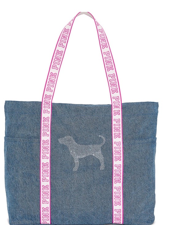 PINK Victoria's Secret Handbags - PINK Victoria's Secret Denim Diamanté Tote with Pink Logo Straps